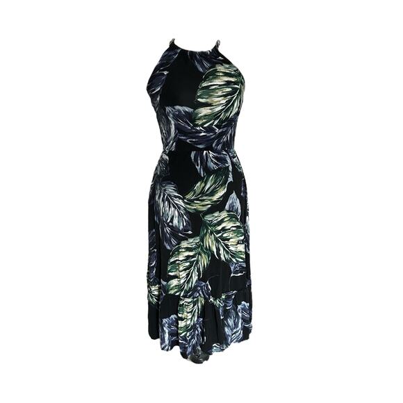 Cynthia Rowley Black Tropical Leaf Floral Midi Dress XS Retro w Pockets - Picture 1 of 12
